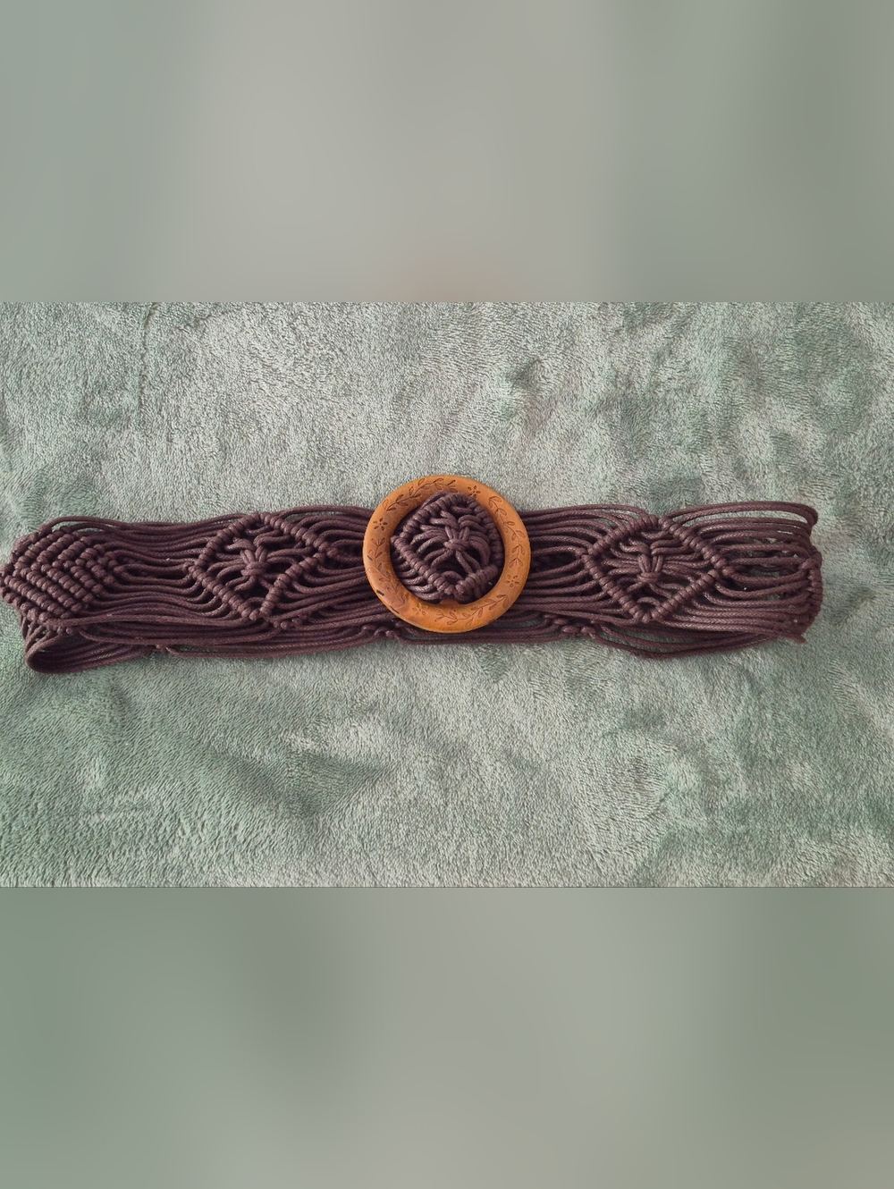 Brown Macramé Waist Belt with Carved Wooden Buckle